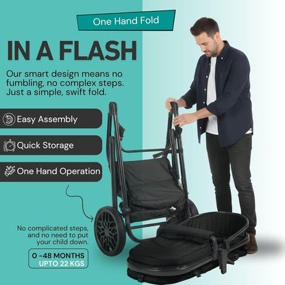 Lejoux™ Avant Reissysteem voor kinderwagen, grotere opvouwbare kinderwagen met reiswieg, 5-punts harnas, verstelbare zitting, extra grote mand en eenhandige vouwwagen, zwenkwielen en regenhoes (zwart)