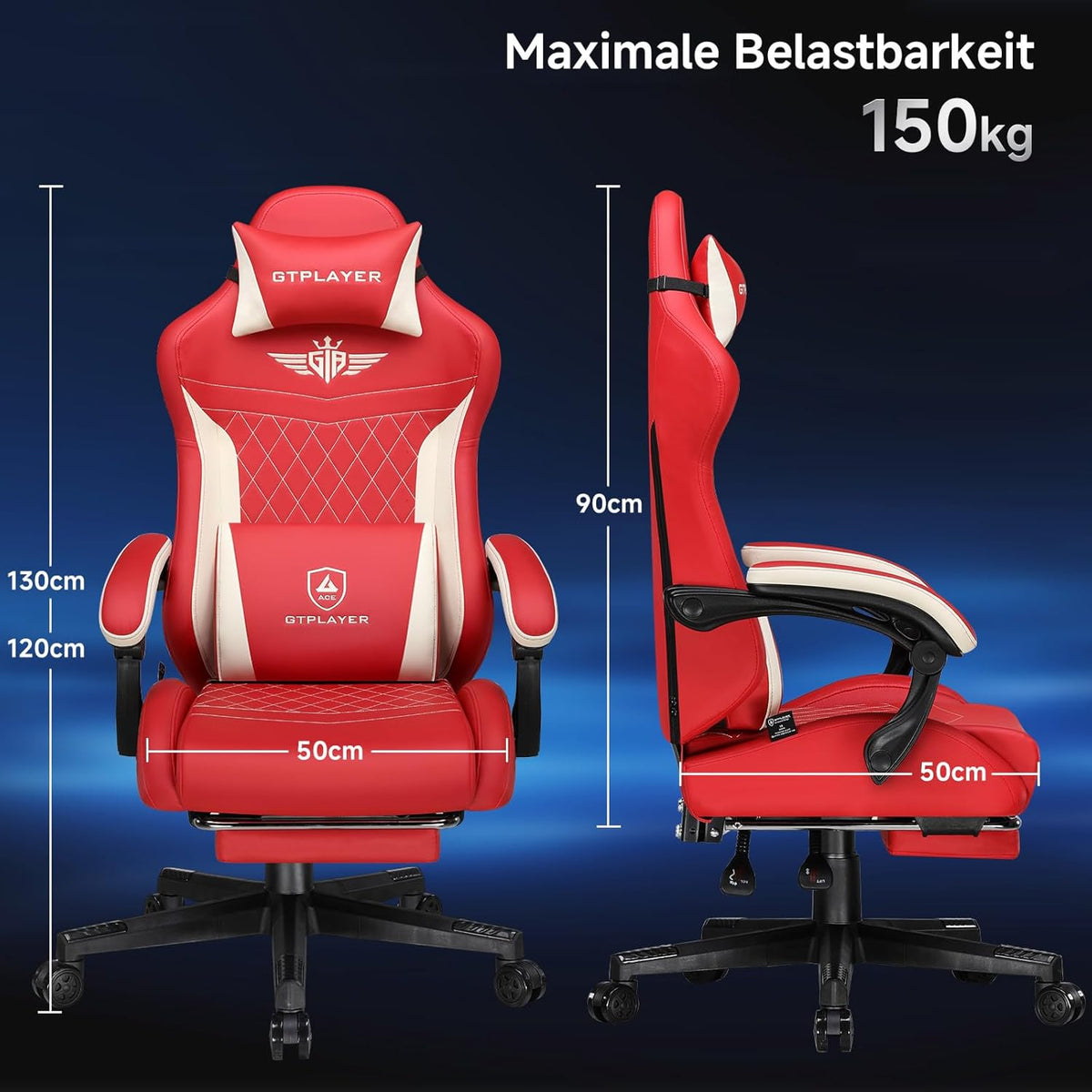 GTPLAYER Ergonomic Faux Leather Gaming Chair with Lumbar Support Computer Chair with Extended Backrest, Supports up to 150 kg, Red - QUORE