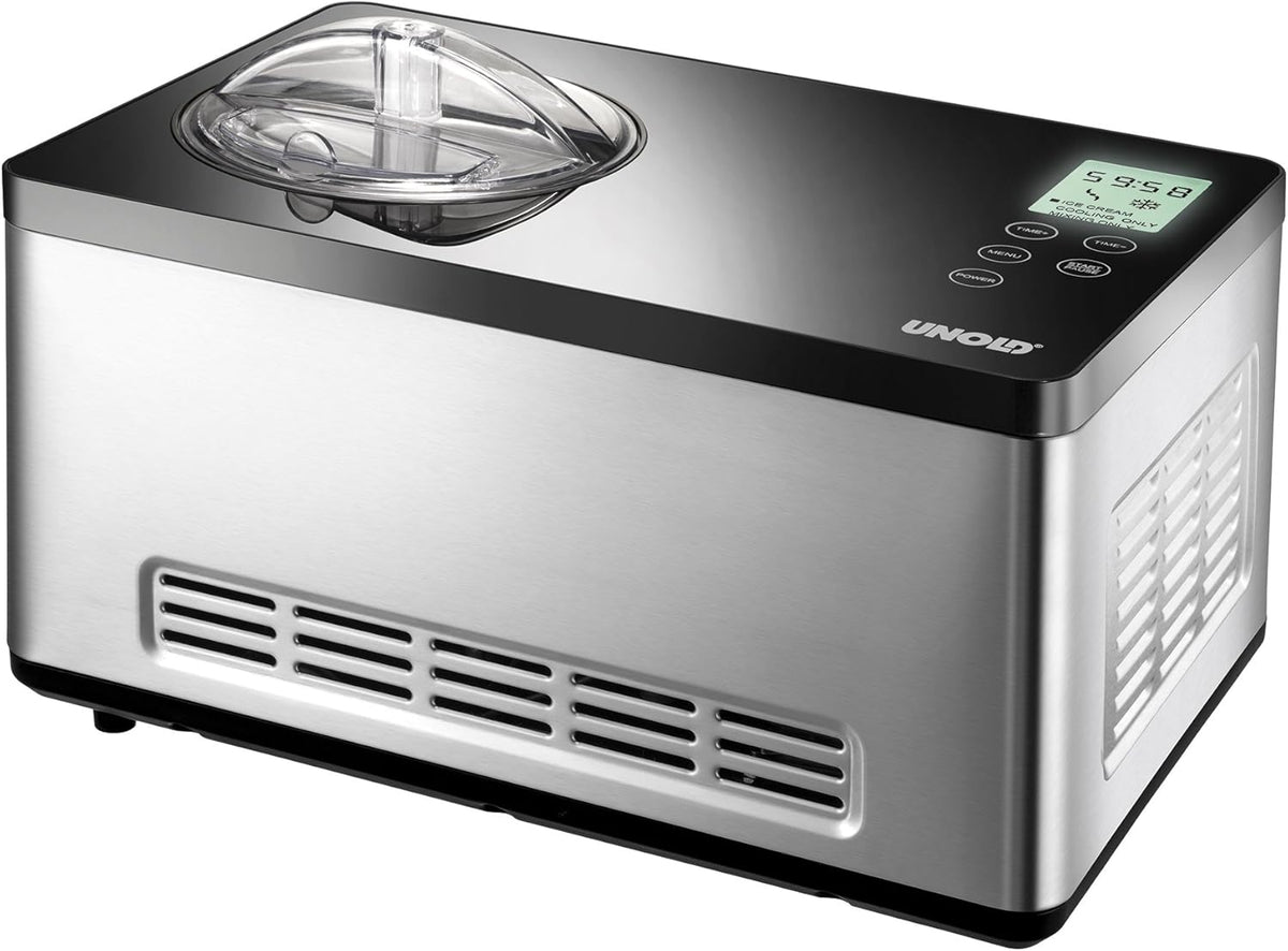UNOLD 48845 Gusto IJsmachine, met zelfkoelende compressor, 180 W, 2 l volume, elegante roestvrijstalen behuizing, lcd-display, digitale timer