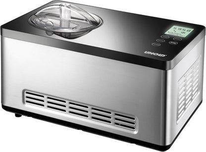 UNOLD 48845 Gusto IJsmachine, met zelfkoelende compressor, 180 W, 2 l volume, elegante roestvrijstalen behuizing, lcd-display, digitale timer