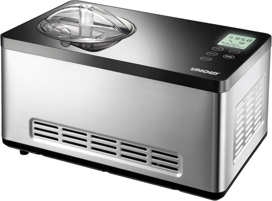 UNOLD 48845 Gusto IJsmachine, met zelfkoelende compressor, 180 W, 2 l volume, elegante roestvrijstalen behuizing, lcd-display, digitale timer