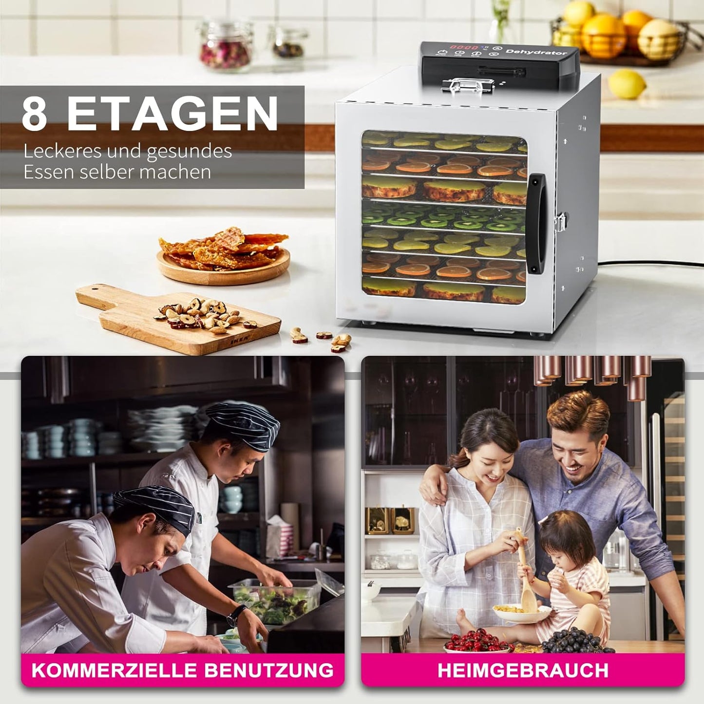 Lecon Voedseldroger van roestvrij staal, dehydrator, 30-90 °C, 24-uurs timer, dehydrator voor levensmiddelen, vlees, vruchten, groentedroger, fruitdroger, droogmachine met schort, verzegelde tank (8