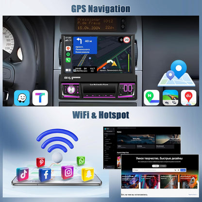 OiLiehu 2+64G Android 13 Autoradio 1 Din met Draadloze CarPlay Android Auto 7" IPS Handmatig Uitklappend met Beeldscherm GPS WiFi Bluetooth Mirror Link FM RDS SWC USB EQ AUX TF-Port
