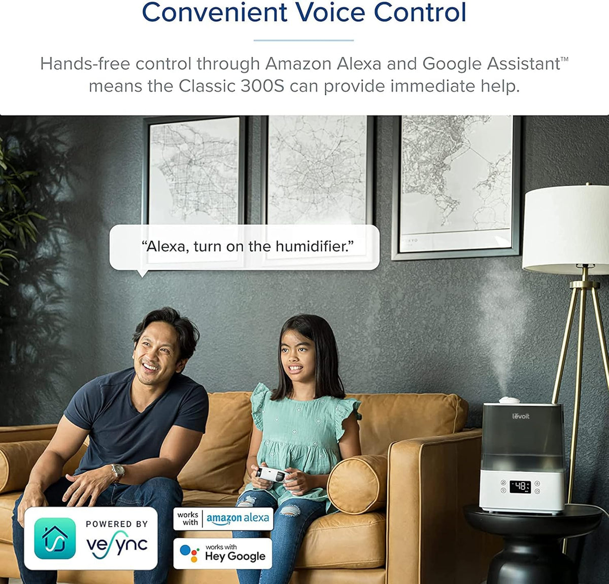 LEVOIT Luchtbevochtiger, 6 liter, wifi, 28 dB, met app en Alexa-bediening, auto en slaapmodus, ultrastil, 60 uur, ultrasone luchtbevochtiger met kinderkamer, slaapkamer tot 47 m², grijs