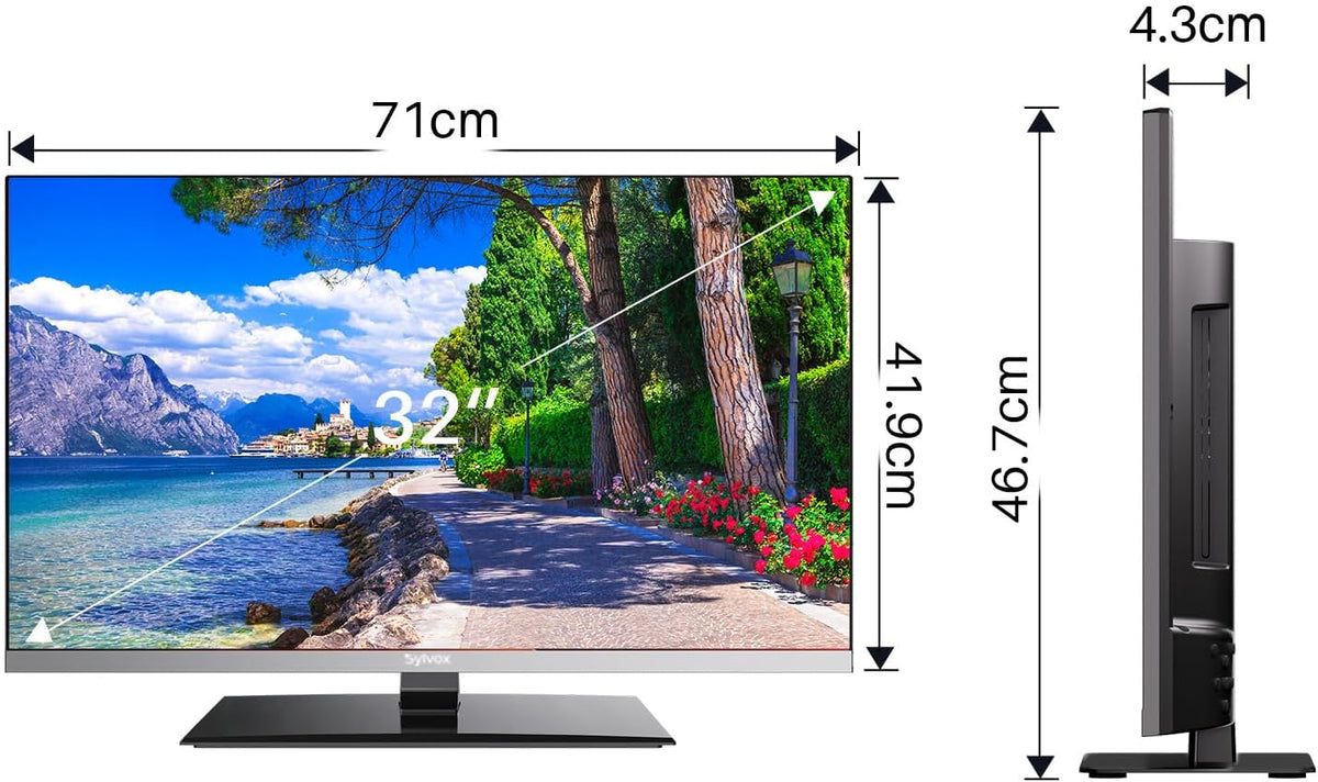 SYLVOX 32 inch smart-tv voor campers, Ingebouwde dvd-speler, Android TV Sat-satellietontvanger, 12 Volt voor camper en vrachtwagen 1080P FHD, ondersteunt wifi Bluetooth, 2 HDMI en 2 USB, frameloos