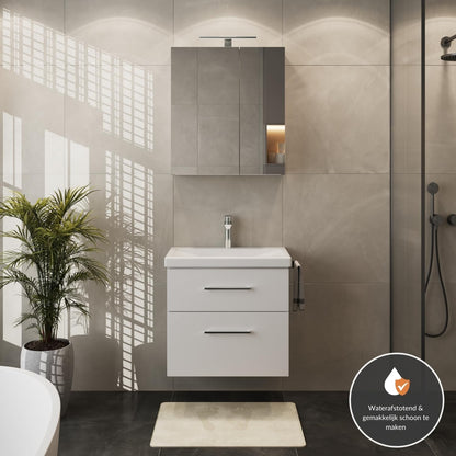 Planetmöbel Bathroom Furniture Set Sink with Bathroom Furniture 63 x 60 x 36.5 cm, Mirror Cabinet 60 cm with LED Lighting (Matt Black) & Socket, Modern Bathroom Furniture, White - QUORE