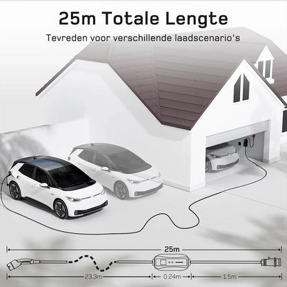 dé EV Charger Type 2 11kW [25m, 3-Fase, 6-16A] Laadpaal 11kW 3 Fase met instelbaar laadvermogen, Mobile Wallbox voor model Y/3, ID.3/4/5, Enyaq, EX30/XC40, Niro en Andere EV&PHEV