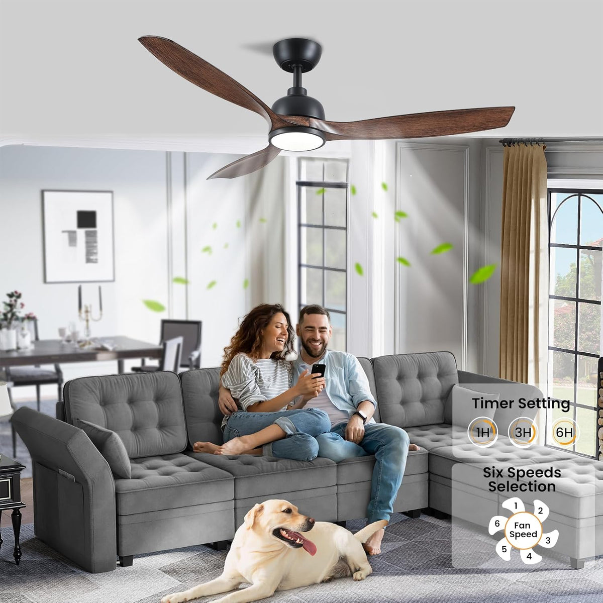 CJOY Plafondventilator met verlichting, 132 cm, plafondventilator met licht, stil, 6 snelheden, omkeerbaar, timer, geheugen 3CCT, dimbaar, houten plafondventilatoren voor slaapkamer, woonkamer, keuken