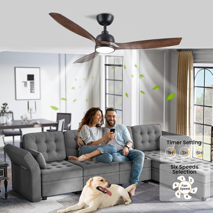 CJOY Plafondventilator met verlichting, 132 cm, plafondventilator met licht, stil, 6 snelheden, omkeerbaar, timer, geheugen 3CCT, dimbaar, houten plafondventilatoren voor slaapkamer, woonkamer, keuken