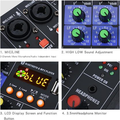 Stereo mixer – Mengpaneel – Audiomixer – Mengtafel – Audiotafel met 2 draadloze microfoons – 4-Kanaals stereo – USB en MP3 ondersteuning