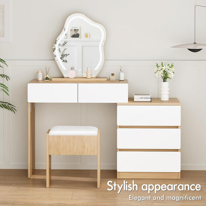 Make-uptafel – Kaptafel – Schminktisch – Make-up Bureau – Beautytafel – Wolkenvormige Spiegel – 10 Verstelbare LED-Lampen – Ruime Laden Met Kruk Opbergruimte