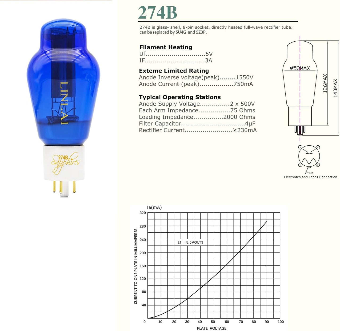 LINLAI 274B Sapphire 1 stuk Full Wave Gelijkrichters Hoge Vacuüm Hifi Valve Elektronische Buis voor Audio Versterker