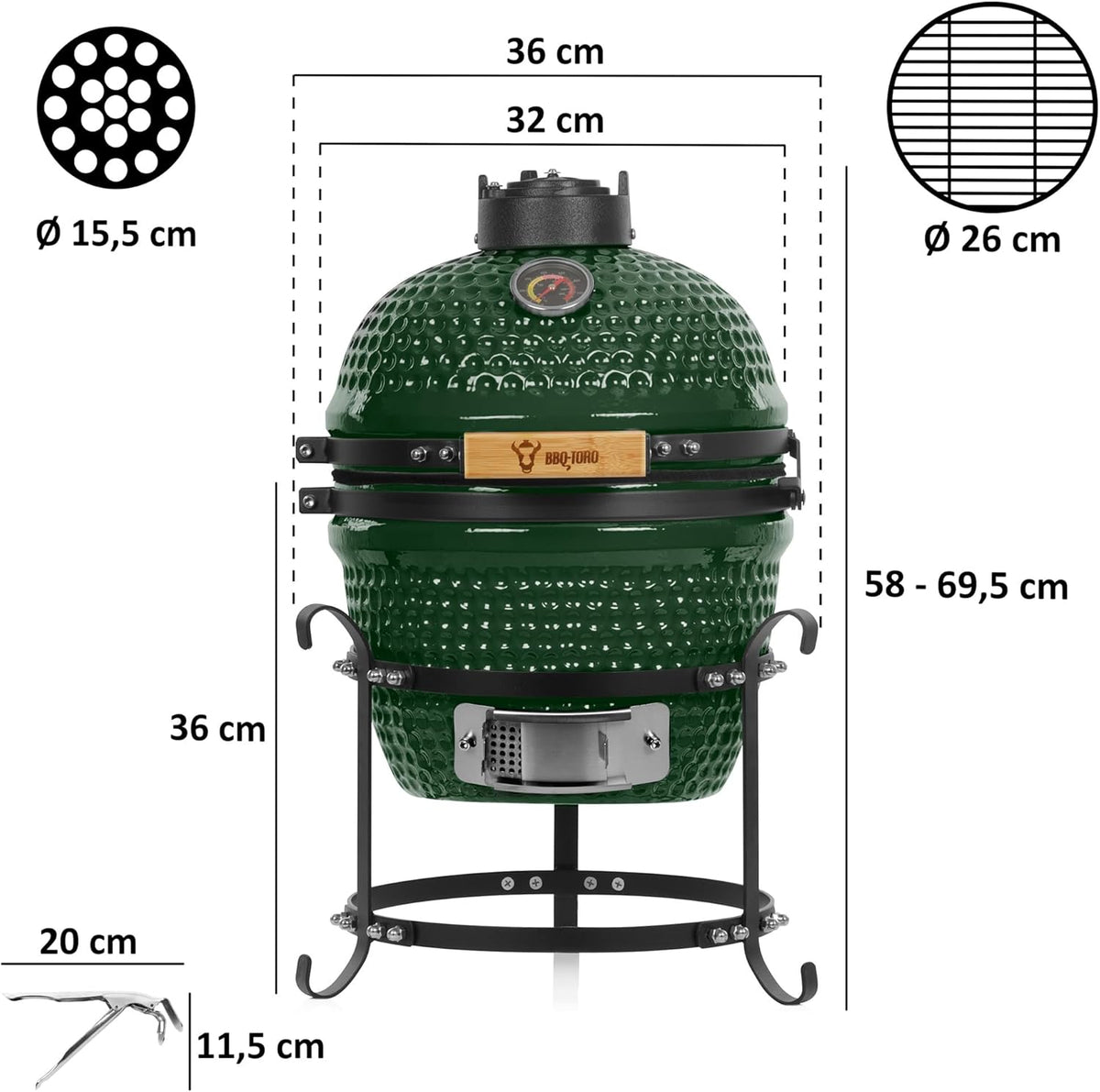 bbq-Toro Kamado Hairo Charcoal Barbecue, Diameter 32 cm, Green, Mini Charcoal Grill with Thermometer and Wooden Handles, Round Ceramic Grill, Ceramic Grill Smoker - QUORE