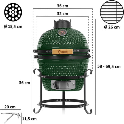 bbq-Toro Kamado Hairo Charcoal Barbecue, Diameter 32 cm, Green, Mini Charcoal Grill with Thermometer and Wooden Handles, Round Ceramic Grill, Ceramic Grill Smoker - QUORE