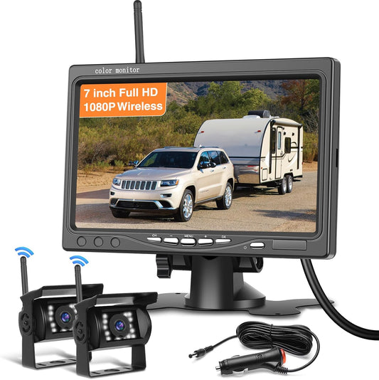 Draadloze achteruitrijcameraset met 7 inch monitor, 2 achteruitrijcamera's, IP68 waterdicht, IR-nachtzicht, draadloze autocamera, voor camper, vrachtwagen, bus, vrachtwagen, camper, 12 V-36 V