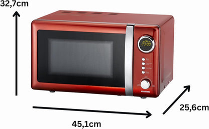 Melissa 16330109 Classico Magnetronoven, retrodesign, metalen behuizing, 20 liter ovenruimte, 700 watt magnetronvermogen, timer, 5 standen, rood metallic