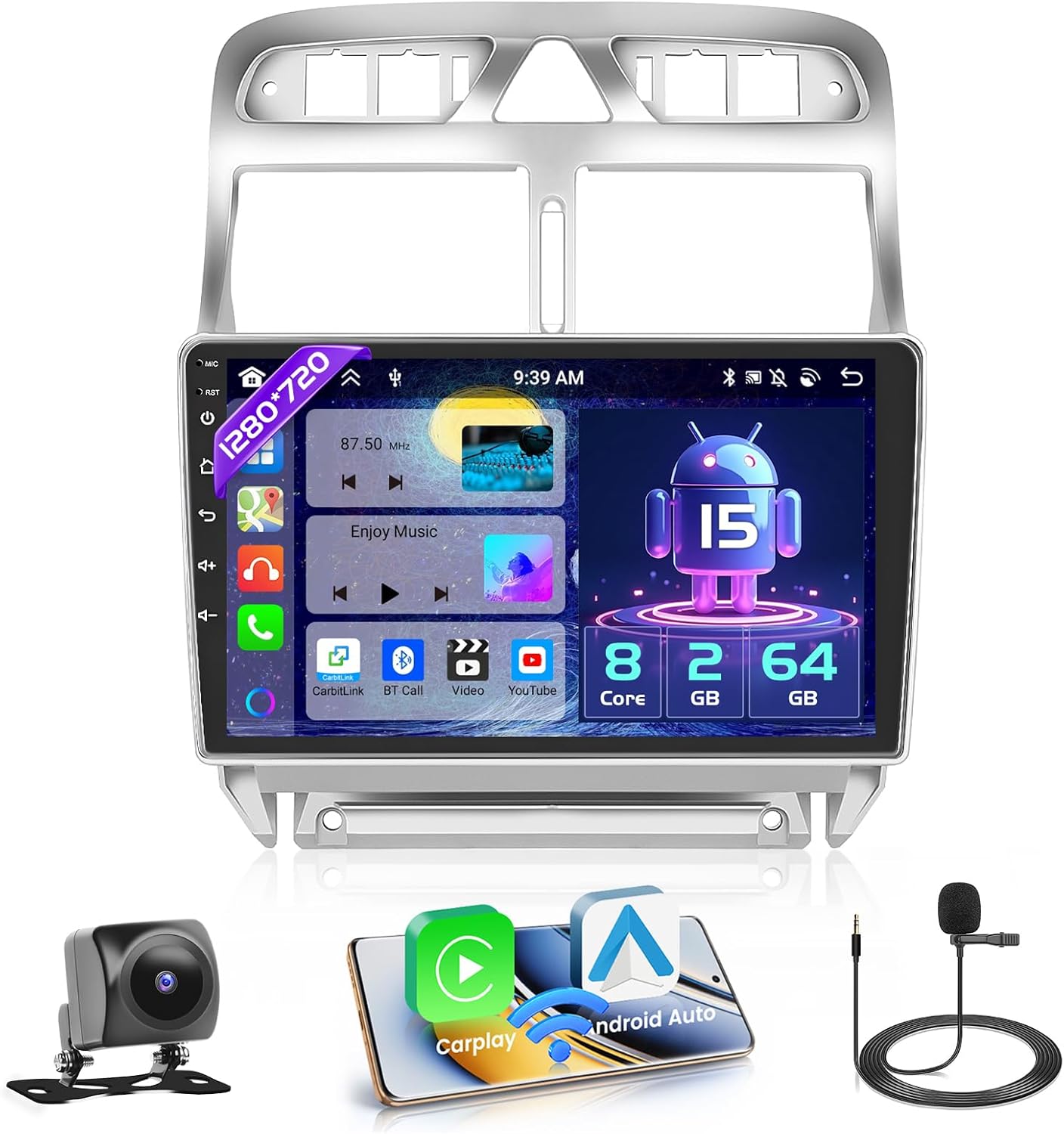 Android Autoradio – GPS Navigatie – Draadloze CarPlay – Bluetooth Stereo – Touchscreen Radio – 9 Inch HD – 8-Core Processor 2+64 GB