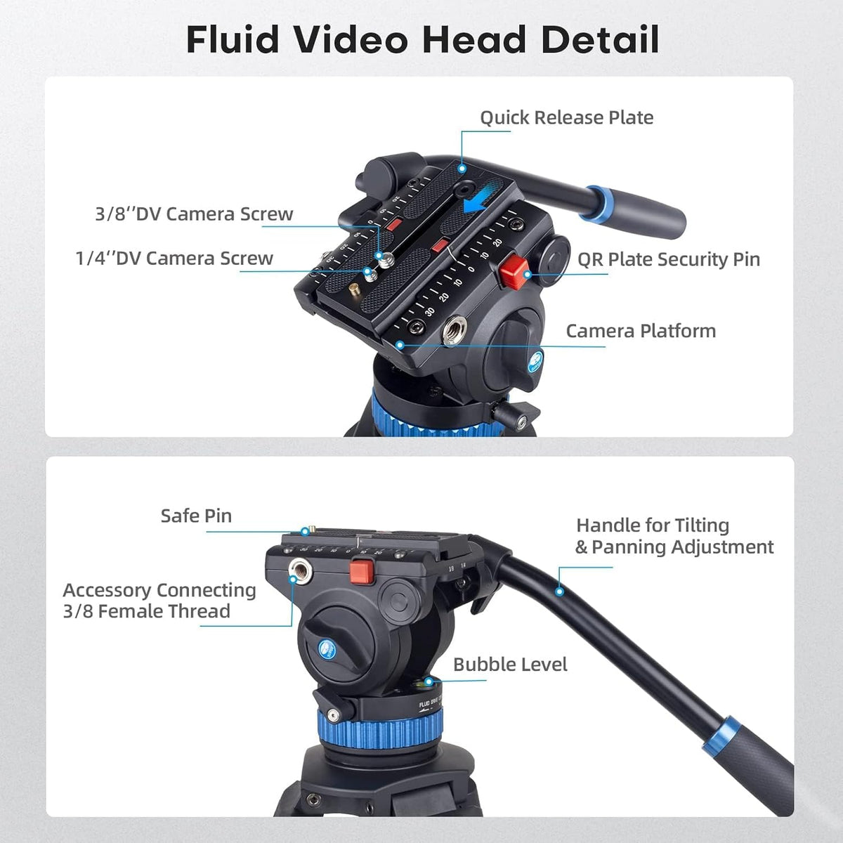 Camera Videostatief met Vloeistofkop – Driepootstatief, Tripod, Camerastatief, Camcorder Statief – Voor Camera, Camcorder En DSLR – Aluminiumlegering – 91 Tot 190 Cm Verstelbaar, Draagvermogen 10 Kg