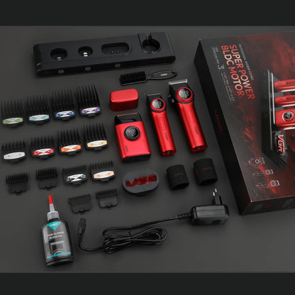 VGR 3 in 1 Professionele Tondeuse Set met Tondeuse, Trimmer, Foliescheerapparaat, Draadloze Haarknipset met Verbeterde Krachtige Motor, Geïntegreerd Oplaadstation, LED Scherm en Opbergdoos, Rood