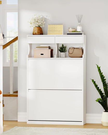 Hzuaneri Shoe Cabinet, Shoe Cabinet with 2 Flaps, 12-16 Pairs, Adjustable Divider, Large Capacity for Entrance, Hallway, Bedroom, White SR45303X