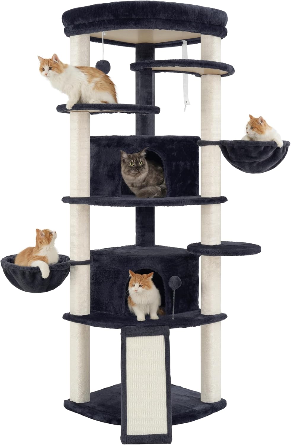 Corner Cat Tree for Indoor Cats, Cat Tower with All Sisal Scratching Posts, Multi-level Cat Condo wth 2 Large Cat Caves, Big Top Perch, 2 Hanging Baskets, Sisal Ramp, Drak Gray GCT035G