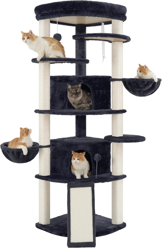 Corner Cat Tree for Indoor Cats, Cat Tower with All Sisal Scratching Posts, Multi-level Cat Condo wth 2 Large Cat Caves, Big Top Perch, 2 Hanging Baskets, Sisal Ramp, Drak Gray GCT035G