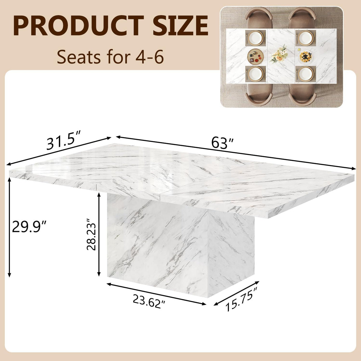 HSH Witte Faux Marmeren Eettafel, 160 cm Moderne Eettafel voor 6 Personen, Boerderij Rechthoek Keuken Tafel voor Woonkamer, Grote Houten Eetkamer Tafel met Sterk Sokkel, Wit Marmer, 160 cm