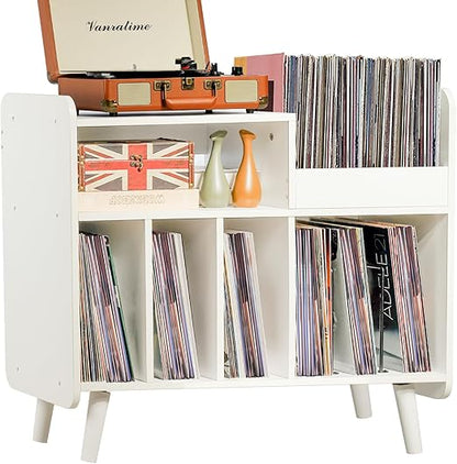 Record Player Stand, Large Record Player Table Cabinet with Open Vinyl Storage and Display Shelf Holds up to 350 Albums, Mid Century Wood Turntable for Living Room, Bedroom, (White)