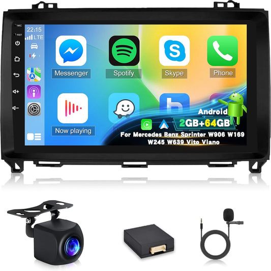 [2+64G]Android 13 Car Radio for Mercedes Benz Classe A/B/V Class Vito Viano Sprinter 2500 3000 W169 B200 W639 with Carplay & Android Auto-9 Inch Touch Screen Radio with WiFi DSP EQ + Rear View Camera - QUORE