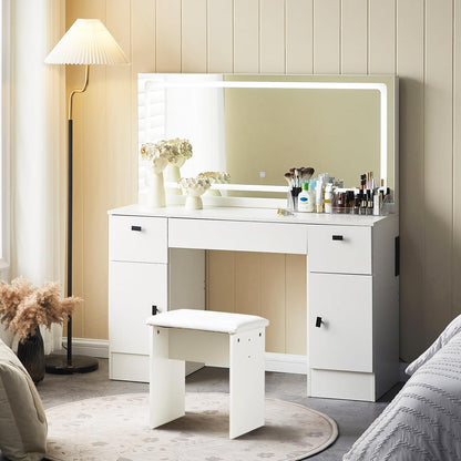 CLIPOP Dressing Table with Large Mirror and 12 LED Lights Hollywood, Adjustable Brightness, Dressing Table with 7 Drawers and Stool, Modern White Makeup Table Set (DR-0457) - QUORE