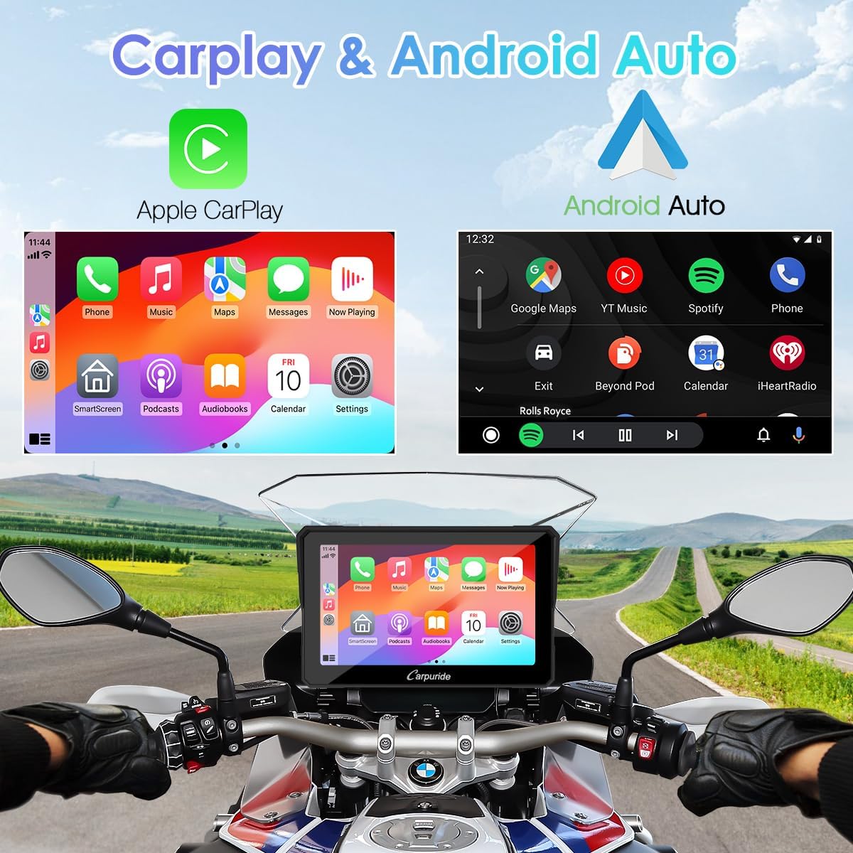 Carpuride W702B motorfiets GPS Carplay scherm met designhouder voor BMW motorfietsen, draadloze CarPlay en Android auto, draagbaar waterdicht 7 inch touchscreen, Bluetooth Trans, navigatie, Siri.