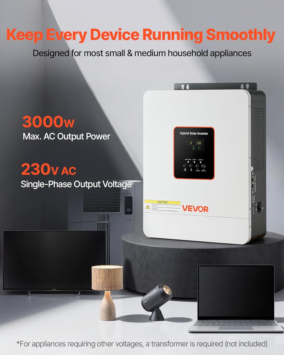 VEVOR Hybride omvormer, 3000 W, 24 V DC naar 230 V AC, omvormer en oplader, zuivere sinusgolf, geïntegreerde 80 A MPPT zonne-regelaar, compatibel met loodaccu