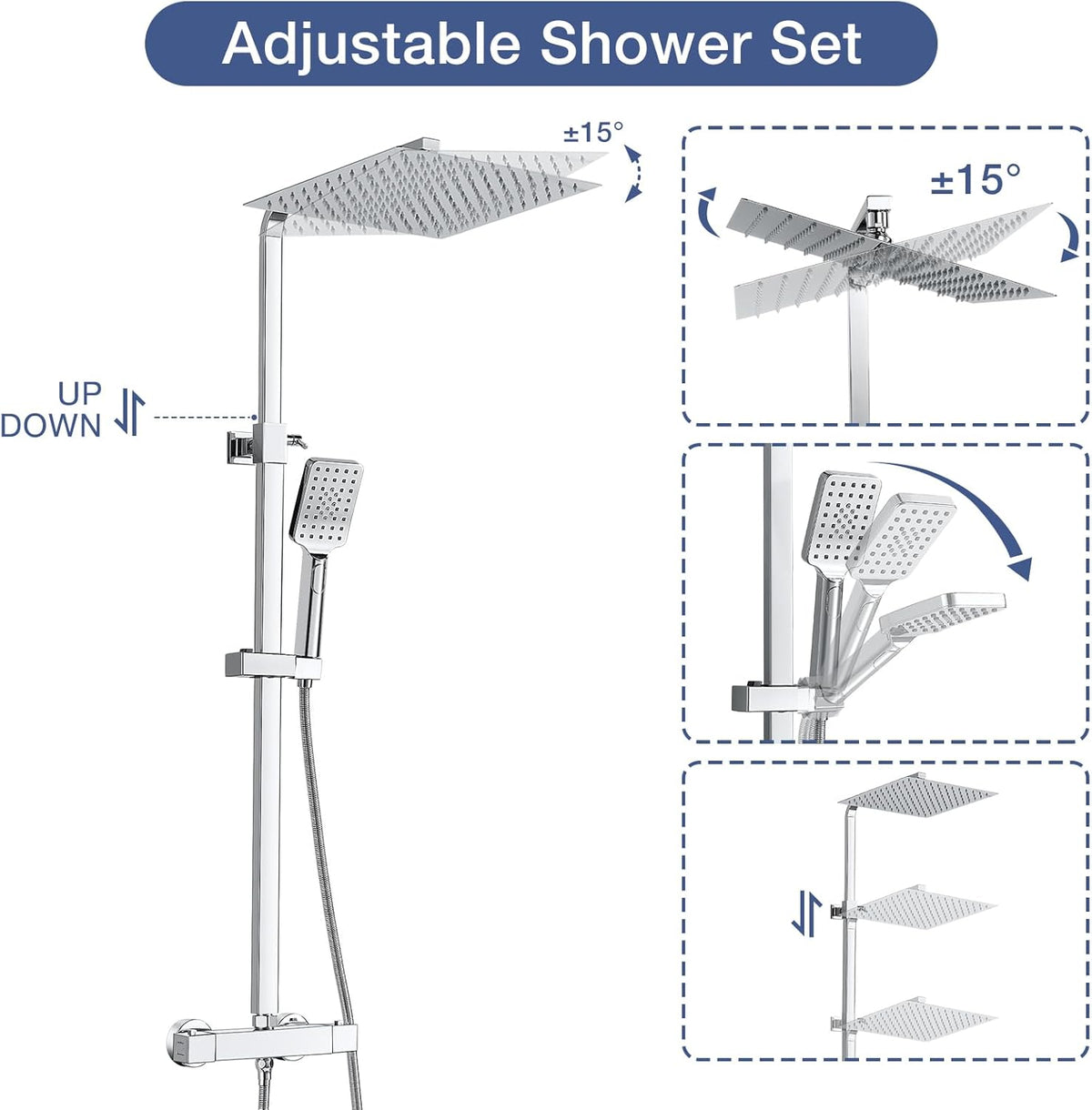 Vierkante Thermostatische Douche Mixer Set, Bevankly Vierkante Thermostatische Douche Systeem Chroom, Thermostatische Douche Bar Set
