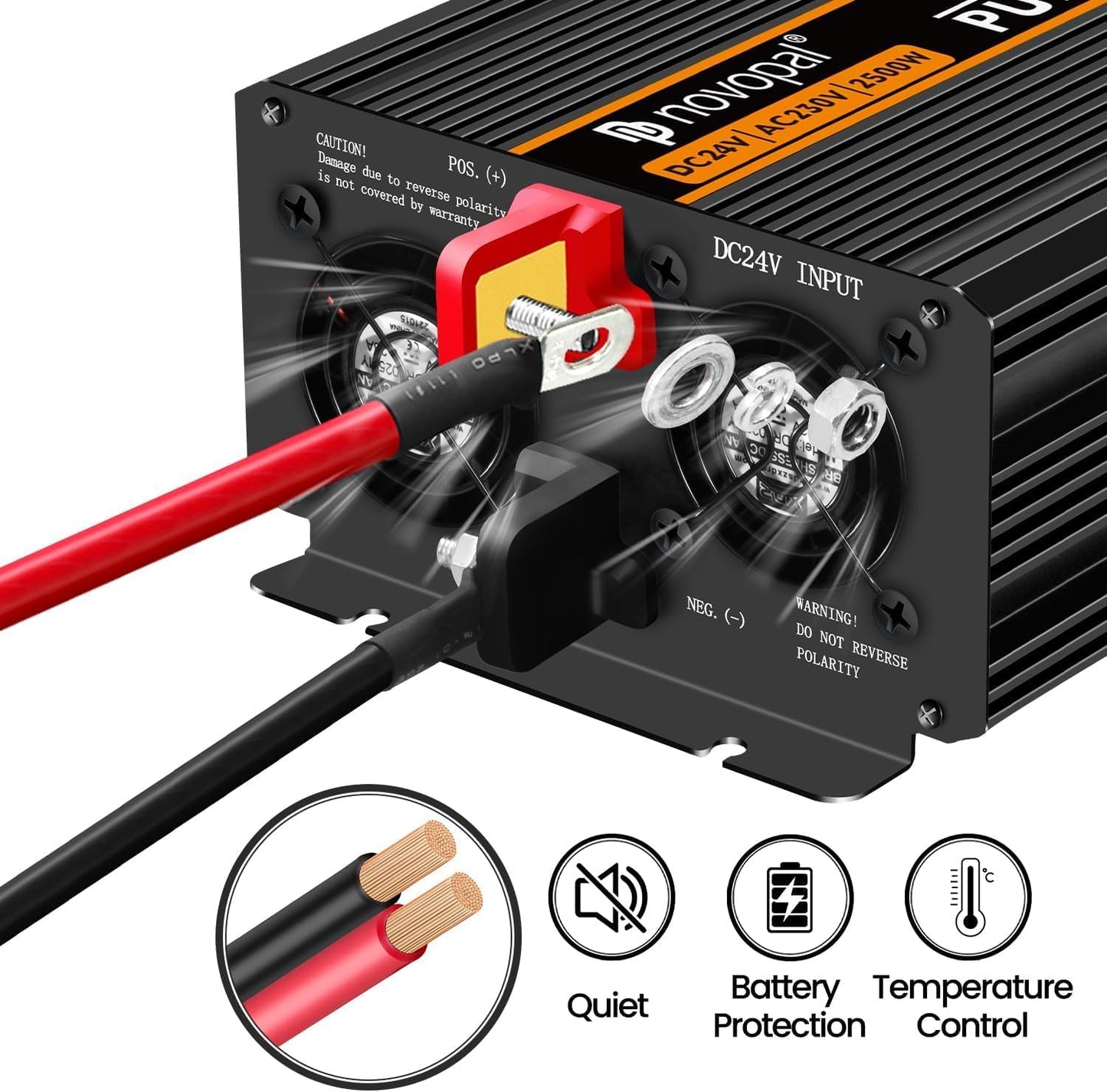 NOVOPAL 2500 W omvormer, zuivere sinus, DC 24 V naar AC 220 V/230 V, omvormer met lcd-display en afstandsbediening, piekvermogen 5000 W, spanningstransformator