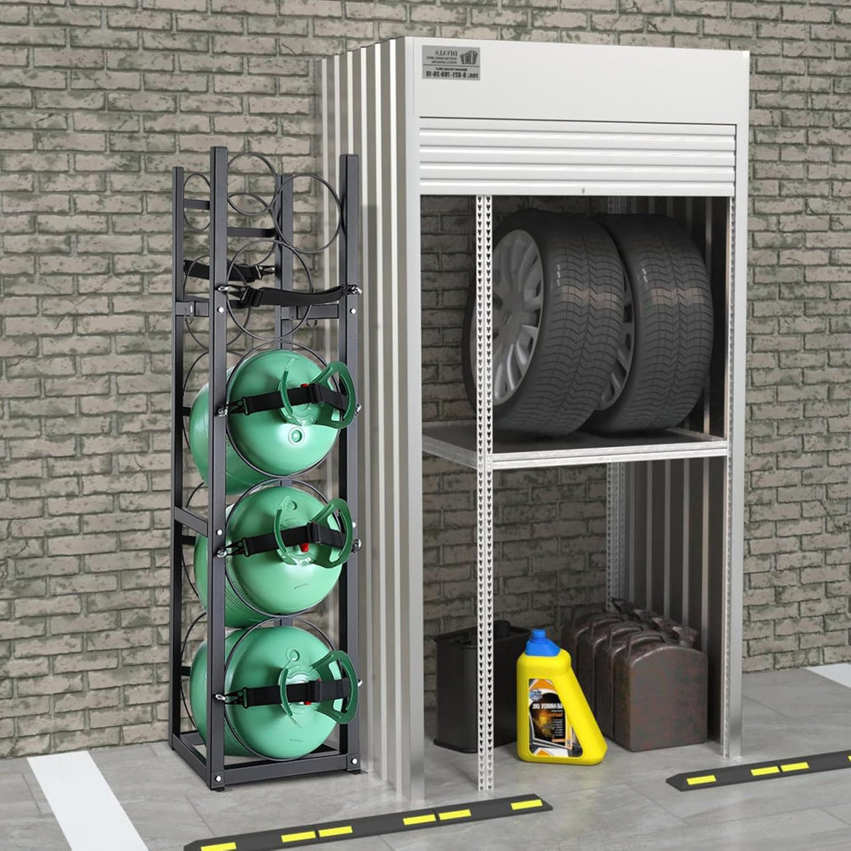 Gasflessenrek – Gasfleshouder – Cilinderrek – Cilinderhouder – Flessenrek – Voor 3 X 13,6 Kg + 3 Kleine Flessen – 1,5 Mm Koolstofstaal Met Poedercoating – Verstelbare Riemen En Onderste Schroeven