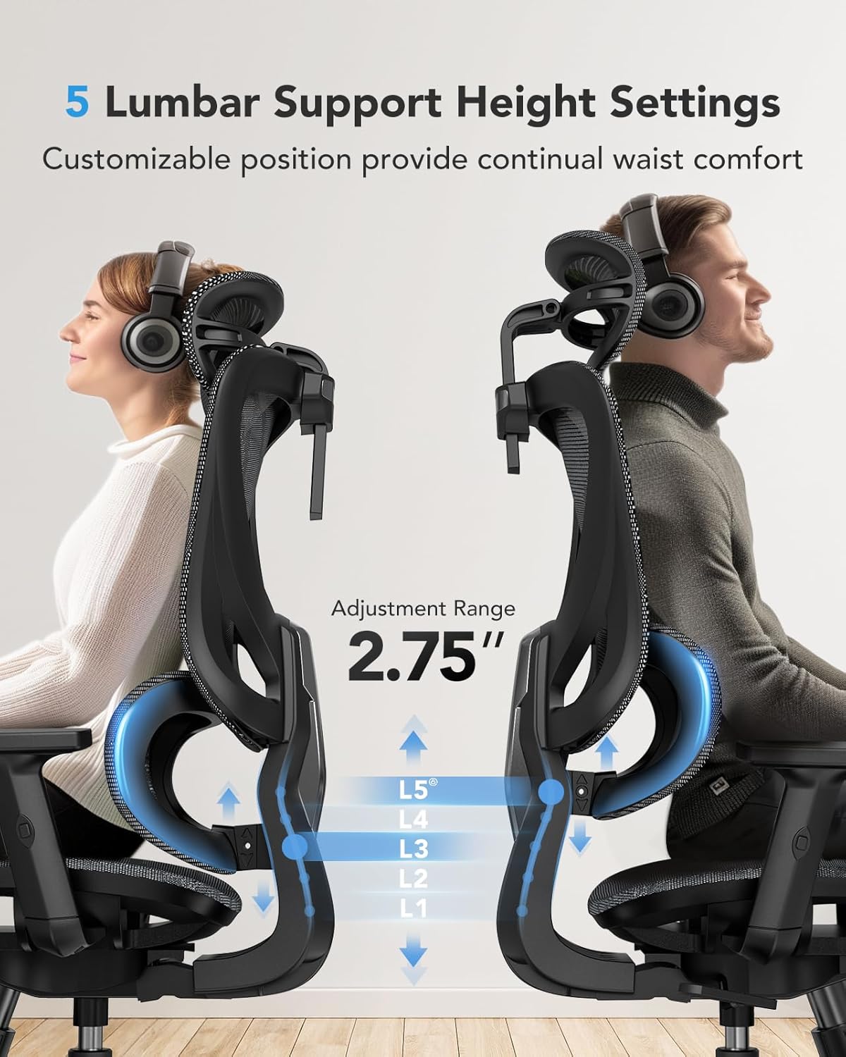 Ergonomische Bureaustoel – Mesh bureaustoel – Computerstoel – Gamingstoel – Bureaustoel Met Hoge Rugleuning – Verstelbare Lendensteun Met 5 Niveaus – Ademend Mesh-Materiaal Voor Optimaal Comfort