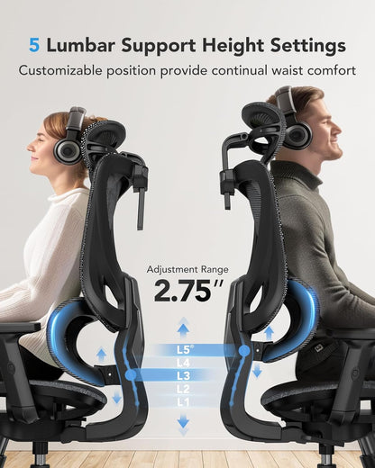Ergonomische Bureaustoel – Mesh bureaustoel – Computerstoel – Gamingstoel – Bureaustoel Met Hoge Rugleuning – Verstelbare Lendensteun Met 5 Niveaus – Ademend Mesh-Materiaal Voor Optimaal Comfort