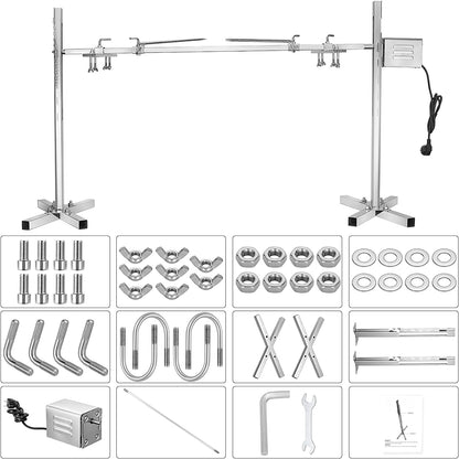 Mechoui Draaispies, 15 W, elektrisch, roestvrij staal, 70 kg, in hoogte verstelbaar, voor melkkvarken, barbecue met motor, draagbaar, koken in de open lucht, camping, wandelen