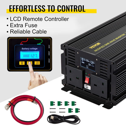 VEVOR Power Inverter 3000W Gemodificeerde Sinus Omvormer DC 24 V naar AC 240 V Auto Converter met Lcd Display Afstandsbediening LED Indicatoren AC Outlets Power Inverter voor Auto RV Truck Boot Reizen