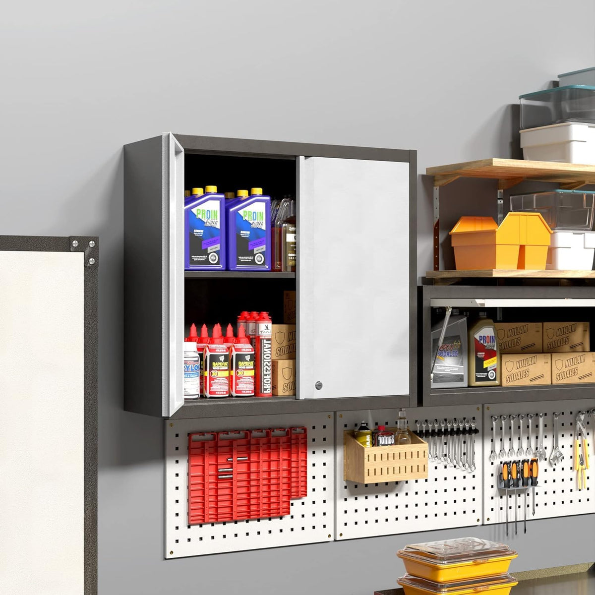 Hanging cabinet, metal tool cabinet with 1 height-adjustable shelves and 2 doors, lockable, wall hanging cabinet made of stainless steel, garage, workshop, kitchen, 66 x 66 x 30 cm (H x L x D)
