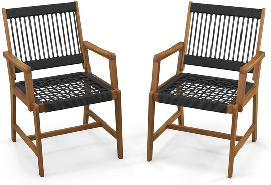 FANTASK Terrasstoelen van acaciahout met vlechtwerk, set van 2 balkonstoelen en tuinstoelen met rugleuning en armleuning, voor tuin, terras en balkon, draagvermogen 160 kg