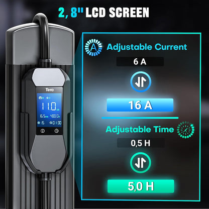 Tera Mobile Wallbox EV oplader laadstation: 11kW CEE 16A naar type 2 IP66 3-fasig 7,5 m 2,8 inch bestuurbaar digitaal display voor model Y/3, ID.3/4/5, MG4, EX30, e-up, e-tron, Zoe en andere EV P06