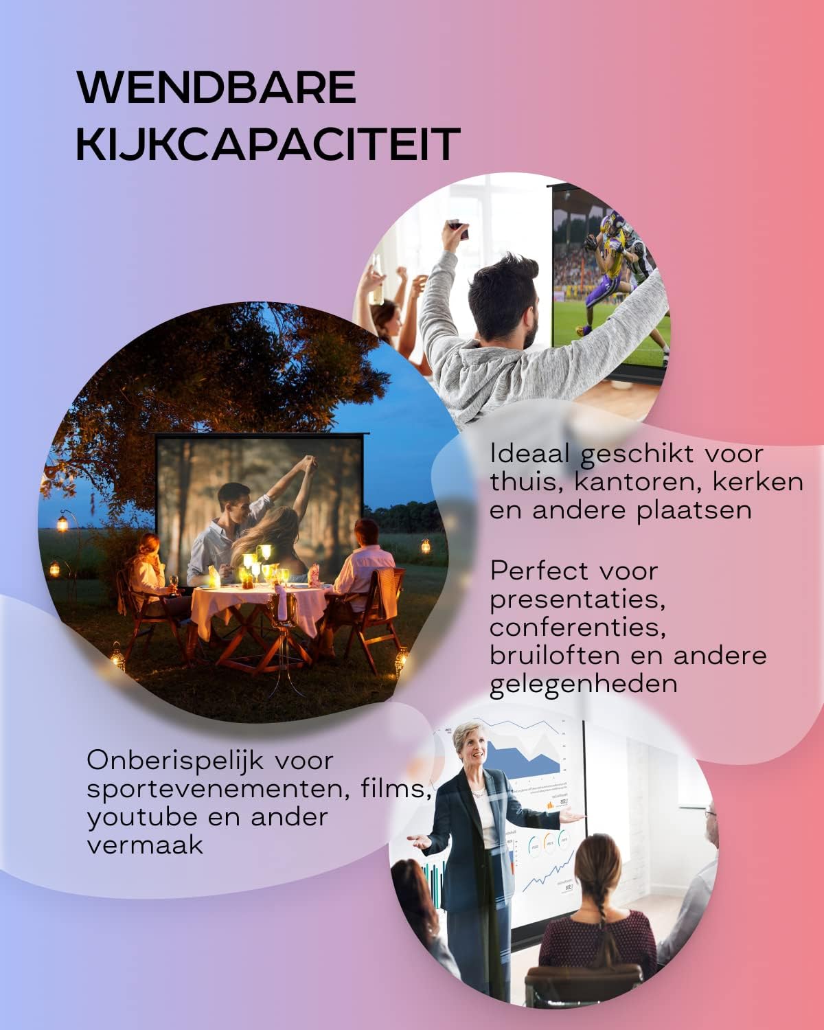 PropVue Projectiescherm met standaard, 100-120 inch (ca. 254-305 cm) projectiescherm voor binnen en buiten, voor film- of kantoorpresentatie, instelbaar van 16:9 tot 4:3, HD-premium kreukvrij statiefscherm