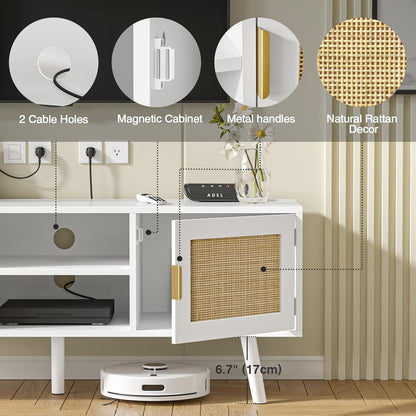TV-meubel voor tv's tot 55 inch, rotan tv-console met 2 deuren en 2 open planken, Boho Media TV-kasten voor woonkamer, boerderij tv-units voor slaapkamer, wit