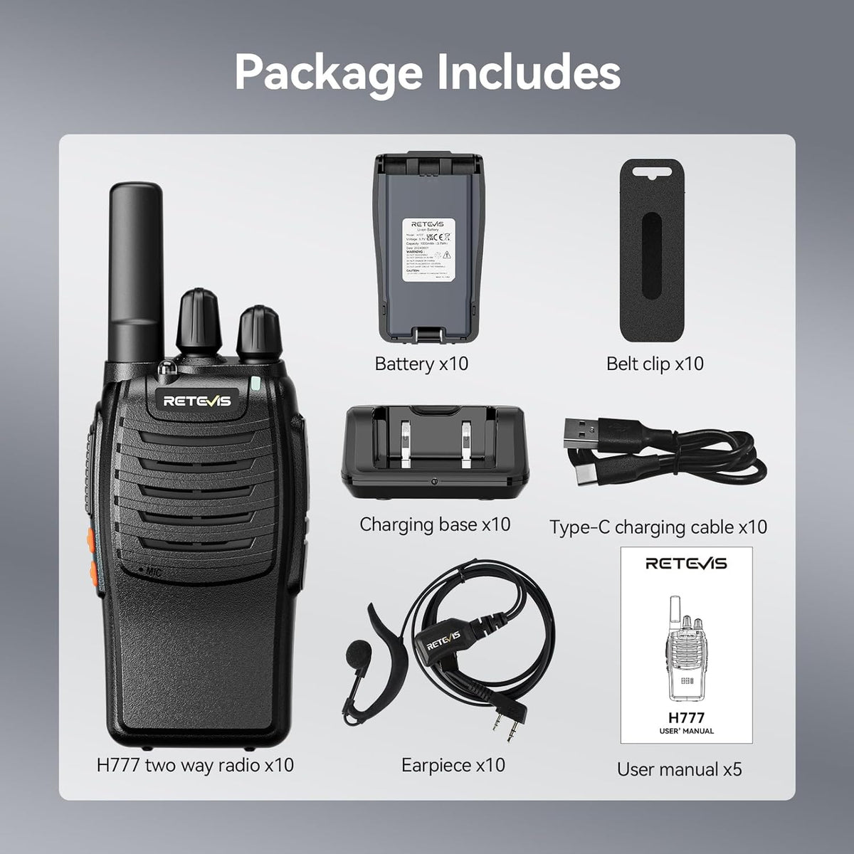 Retevis H777 Portofoons met Oortelefoon, Langeafstandsradio, VOX Handsfree, Ingebouwde Zaklamp, Zakelijke Portofoons voor Restaurants, Scholen (Zwart, 10 Stuks)