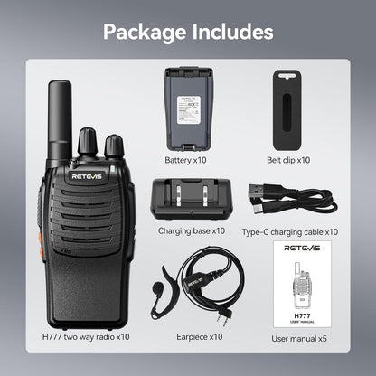Retevis H777 Portofoons met Oortelefoon, Langeafstandsradio, VOX Handsfree, Ingebouwde Zaklamp, Zakelijke Portofoons voor Restaurants, Scholen (Zwart, 10 Stuks)