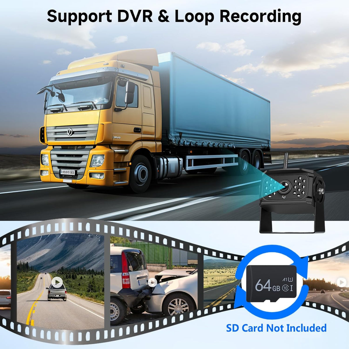 Wireless Rear Camera 1080P with 7 Inch IPS Monitor, DVR + 2 Rear Cameras for Car, IP68, Night Vision, DIY Guidelines for Truck, Bus, Van, RV, SUV, - QUORE