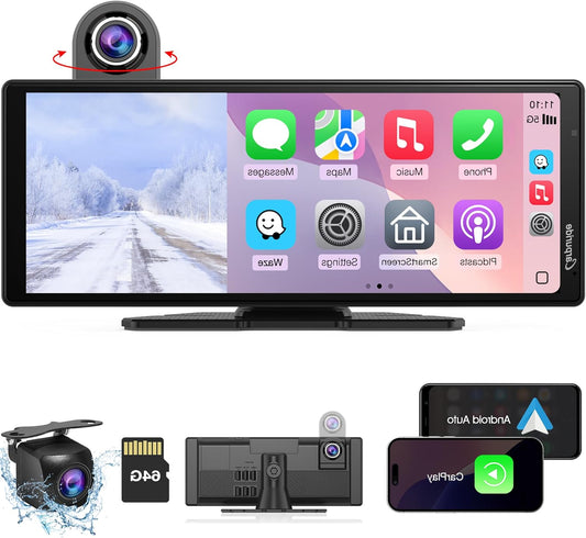 Carpuride Wireless Carplay & Android Car with Dash Cam - 10.26" HD IPS Touch Car Play Screen for Car, 4K Front and 1080P Rear Camera, Loop Recording, Bluetooth Audio, Mirror Link, GPS, Siri - QUORE
