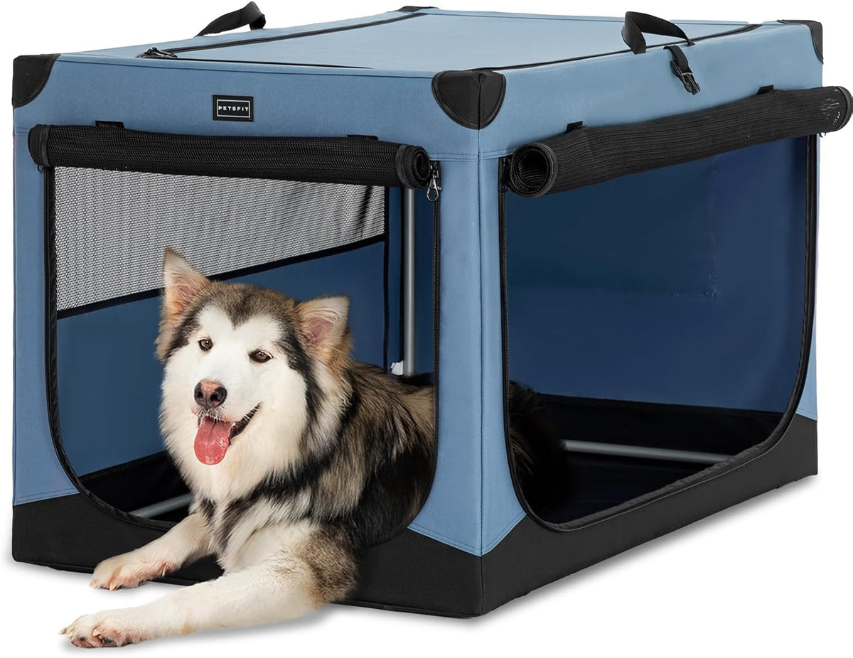 Petsfit Opvouwbare hondenbox, hondenbench voor thuis, verstelbare stoffen hoes met spiraalijzeren buis, hondenkrat, stof, grote honden, 3 deurdesign, eenvoudig transport, makkelijk opbergen, XL, blauw
