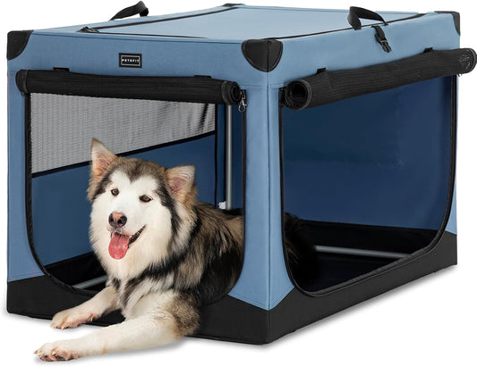 Petsfit Opvouwbare hondenbox, hondenbench voor thuis, verstelbare stoffen hoes met spiraalijzeren buis, hondenkrat, stof, grote honden, 3 deurdesign, eenvoudig transport, makkelijk opbergen, XL, blauw
